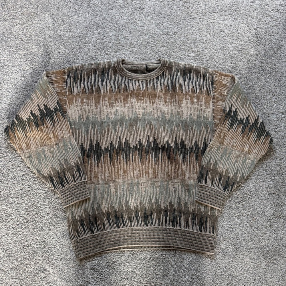 Vintage Abstract Geometric Knit Crewneck Sweater Earth Tones Brown Grey Large
